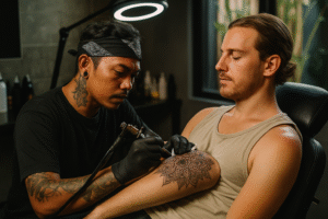Balinese tattoo artist creating mandala design in Bali studio