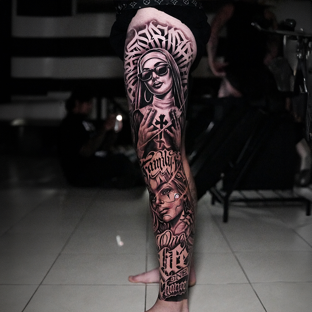 Black and Grey Leg Sleeve Tattoo Design Full leg sleeve tattoo featuring a realistic nun portrait with sunglasses, religious cross, and Chicano-style lettering.